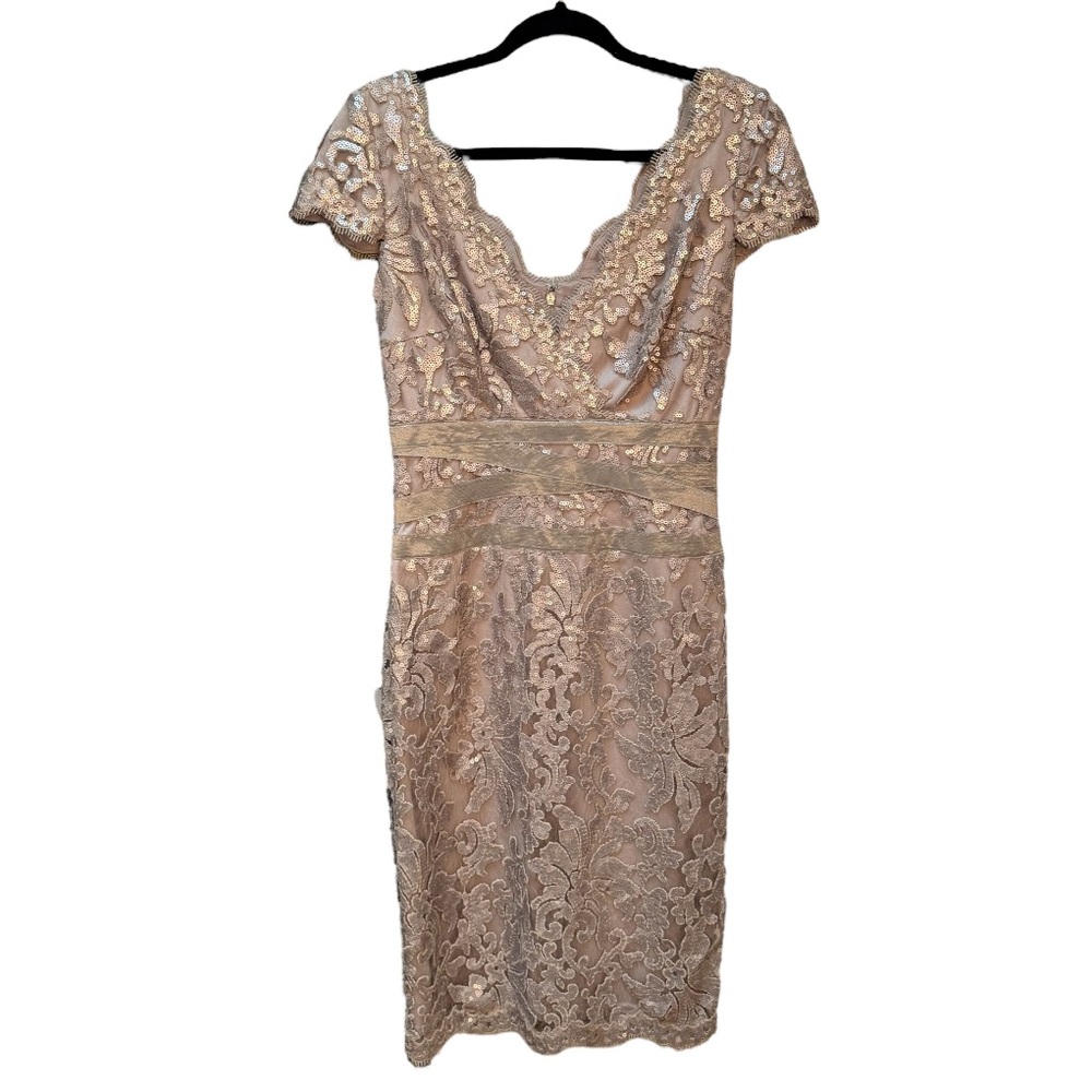 NEW Tadashi Shoji Sequin Paillette Lace Sheath Dress Smoke Pearl Cocktail - Picture 2 of 6